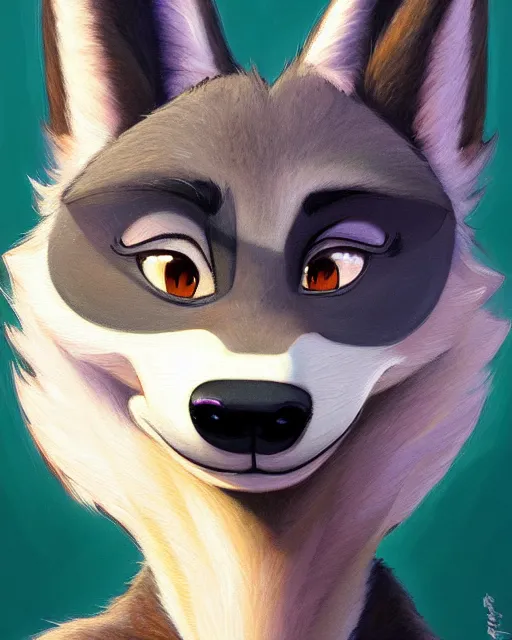 Image similar to beautiful oil painting of anthromorphic female wolf, in style of zootopia, zootopia, zootopia, fursona, furry, furaffinity, 4 k, deviantart, furry art, fursona art, wearing black business suit, business suit, in style of zootopia, wolf fursona, female, expressive detailed very very very feminine face,