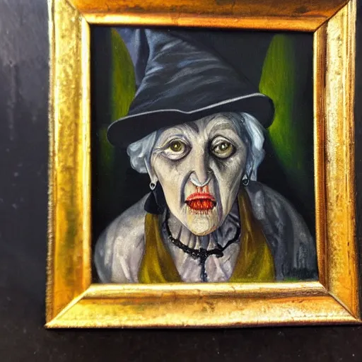 Image similar to creepy old cursed witch watching you sleep, eerie, haunted, oil painting