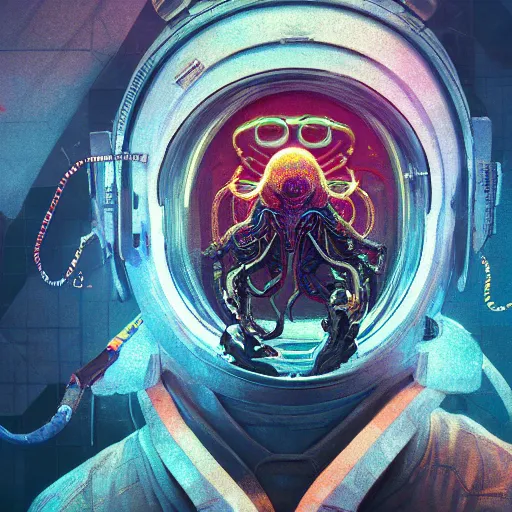 Image similar to hyperrealistic portrait of a squid monster astronaut, full body portrait, well lit, intricate abstract. cyberpunk, intricate artwork, by Tooth Wu, wlop, beeple. octane render,in the style of Jin Kagetsu, James Jean and wlop, highly detailed, sharp focus, intricate concept art, digital painting, ambient lighting, 4k, artstation