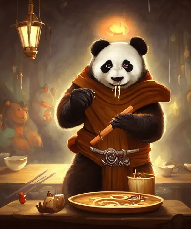 Prompt: a portrait an anthropomorphic panda mage eating ramen, wearing mage robes, restaurant in background, cute and adorable, dnd character art portrait, well rendered matte fantasy painting, deviantart artstation, by jason felix by steve argyle by tyler jacobson by peter mohrbacher, cinematic lighting