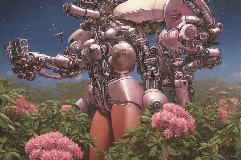 Prompt: evangelionic illustration, gigantic girl head, a lot of exotic vegetation, trees, tremendous mecha robot, flowers, oldschool vintage sci - fi flat surreal design, super - detailed, oil painting by moebius, hd, 4 k, high quality