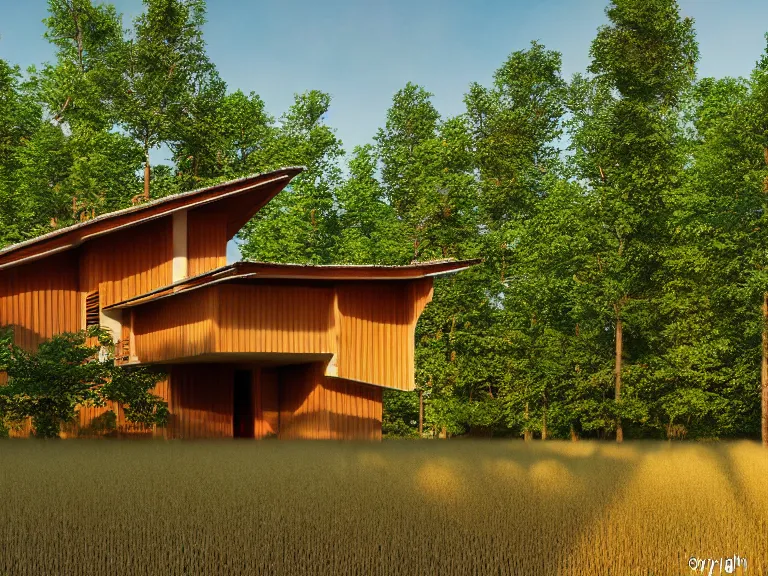 Image similar to hyperrealism design by frank lloyd wright and kenzo tange photography of beautiful detailed small house with many details around the forest in small detailed ukrainian village designed by taras shevchenko and wes anderson and caravaggio, wheat field behind the house, volumetric natural light