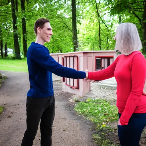Prompt: jerma985 shaking hands with Cathy Mitchell, wide shot, 4k, professional photography, detailed