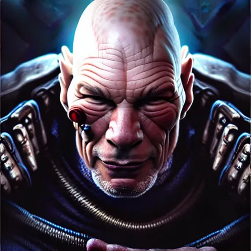 Prompt: portrait painting of a cyberpunk orc doctor extremely muscular patrick stewart with fangs and tusks, ultra realistic, concept art, intricate details, eerie, highly detailed, photorealistic, octane render, 8 k, unreal engine. art by artgerm and greg rutkowski and charlie bowater and magali villeneuve and alphonse mucha