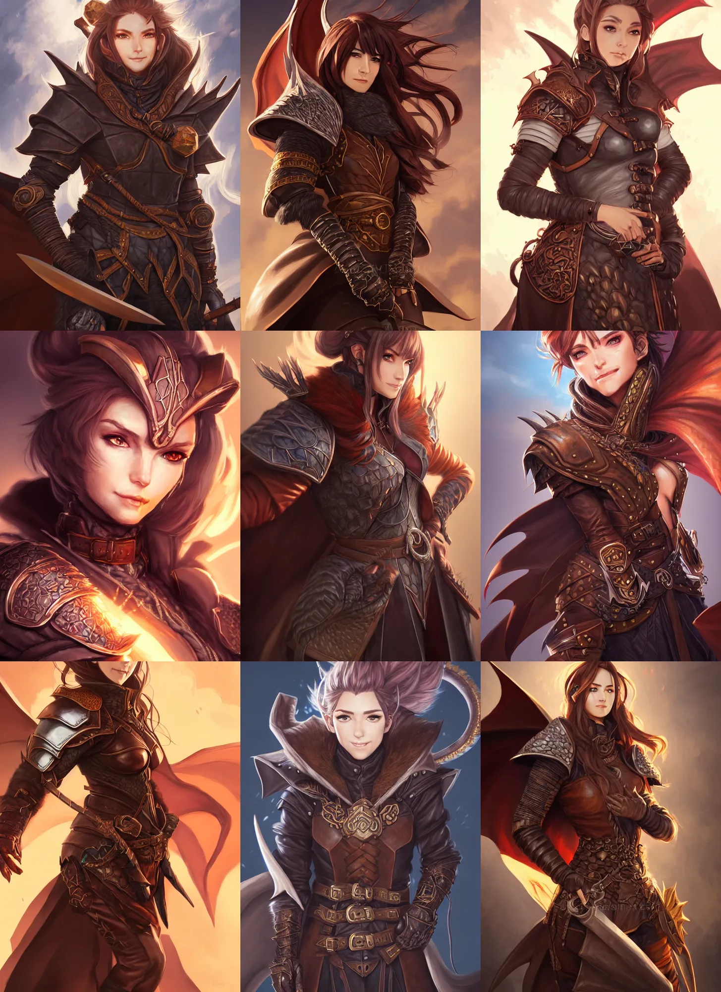 Prompt: portrait of a mix between geomancer and dragonslayer, female, shiny brown rocks and dragons, leather coat, high fantasy, dnd, face details, extremely detailed, smooth, sharp focus, digital illustration, by artgem, rossdraws, sakimichan