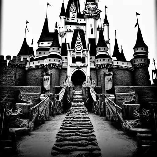 Prompt: the Disney castle made of skulls and bones, nightmare, black and white