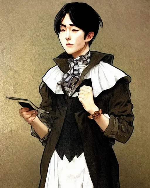 Image similar to full body cottagecore painting of Levi Ackerman, south Korean male, wearing a black and white maid dress, short, short hair, pointy nose, annoyed. elegant. highly detailed, digital painting, artstation, concept art, smooth, sharp, focus, illustration. art by artgerm and greg rutkowski alphonse mucha and Marat Safin