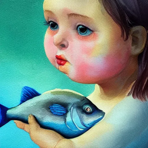 Image similar to a hype realistic oil painting of the most cute little fat girl kissing a huge colorful cute fish. hype realistic scene. studio lighting. window. 3 d, octane render, deep focus, fashion style, white scene. very funny and sweet art. unreal engine. watercolor. fellini style. poster quality. da vinci painting style. highly detailed.