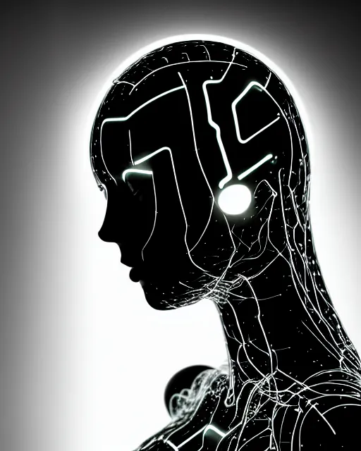 Image similar to black and white artistic photo, full figure, young female cyborg - vegetal, microchip, artificial intelligence, bio - mechanical bio - luminescence, black wired cables, cinematic, rim light, photo - realistic, 8 k