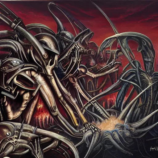 Prompt: a painting of an alien attacks and kills a small group of soldiers by H. G. Wells and H.R. Giger, fantasy, bloody, highly detailed