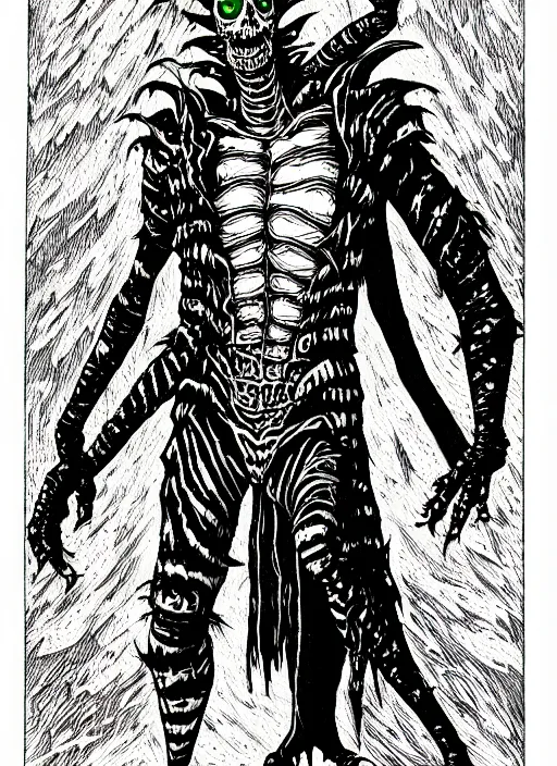 Image similar to beetlejuice, as a d & d monster, full body, pen - and - ink illustration, etching, by russ nicholson, david a trampier, larry elmore, 1 9 8 1, hq scan, intricate details, inside stylized border