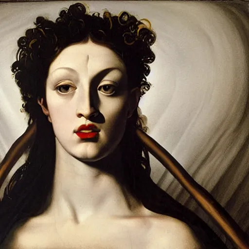 Image similar to Medusa by Caravaggio with face of Marjorie Taylor Greene