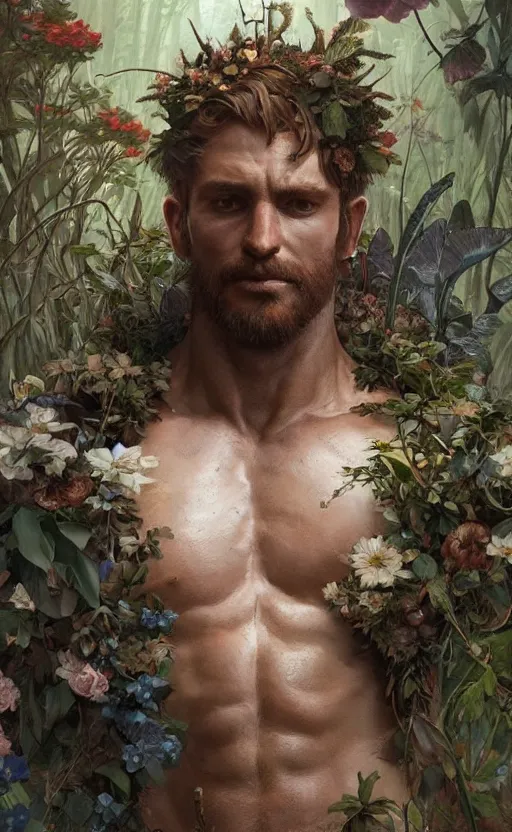 Image similar to god of the forest, 3 0 years old, rugged, male, gorgeous, detailed face, amazing, thighs!!!!!!, flowers, muscular, intricate, highly detailed, digital painting, artstation, concept art, sharp focus, illustration, art by greg rutkowski and alphonse mucha