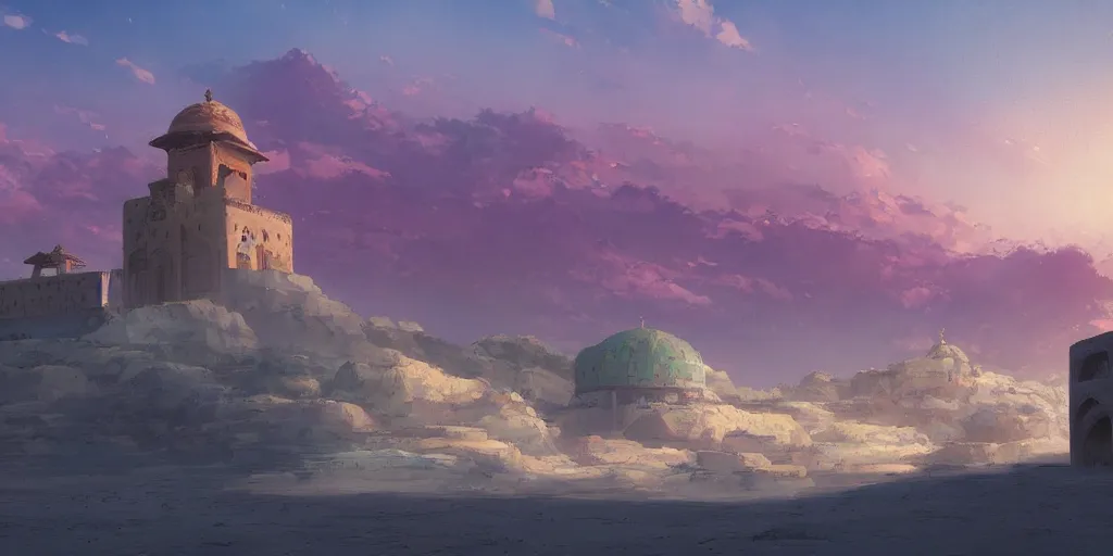 Image similar to a stunning desert landscape with an arabian palace on the horizon by makoto shinkai