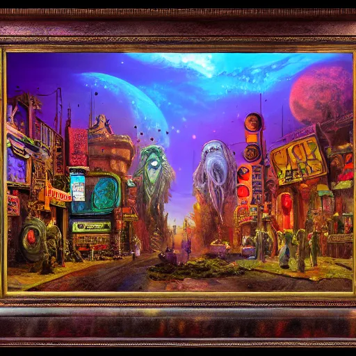 Image similar to giant television set, on ancient post - apocalyptic planet, jim henson creature shop, vivid and colorful, thomas kincaid, cinematic, oil painting, highly detailed, illustration