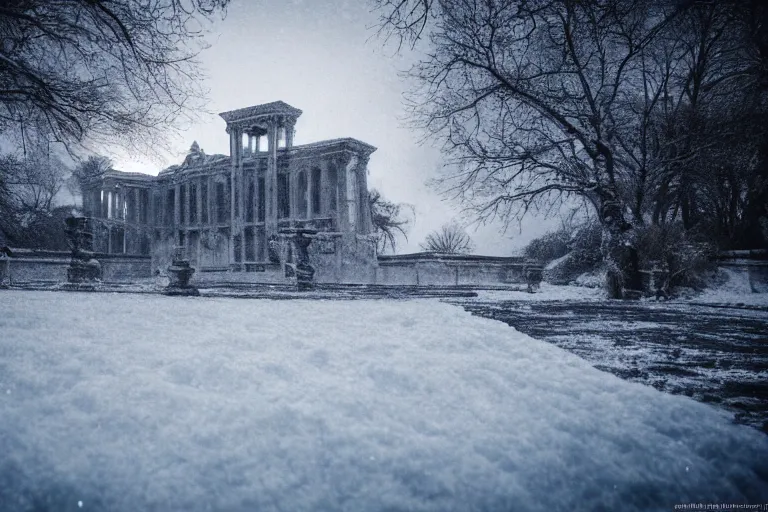 Image similar to a landscape with palace, a very windy and cold place, everything is made out of ice, snowing, cinematic lighting