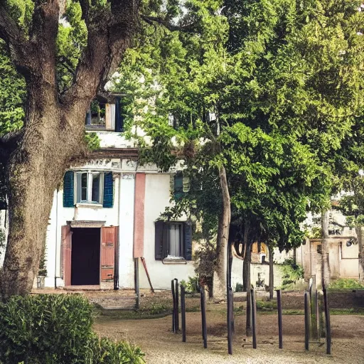 Prompt: a small house with trees in the background, rome style