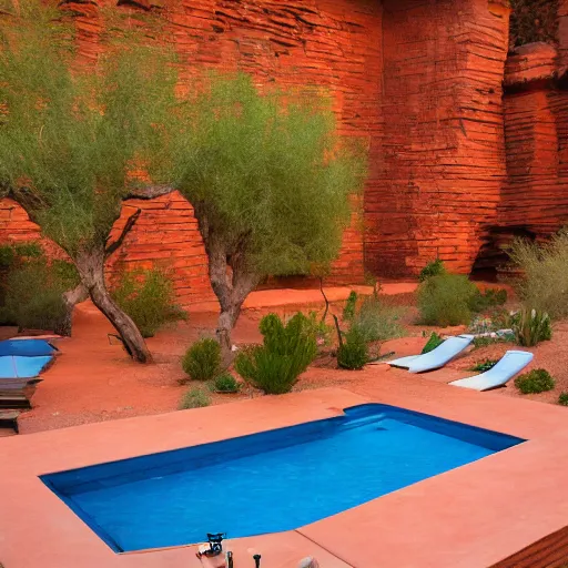 Image similar to full moon over a pool in a courtyard in the Sedona Arizona desert, people lounging, painting in the style of Max Ernst, incredible, 4k