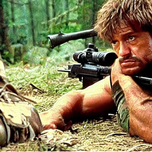 Image similar to A still of Garfield as Rambo in Rambo First Blood (1982)