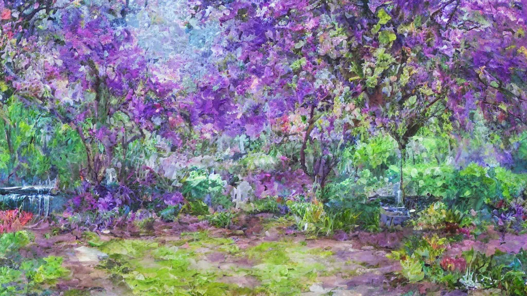 Image similar to tranquil painting of purple garden with green trees and a water fountain in the middle of garden, detailed, 8k, mesmerizing, low saturation, high resolution