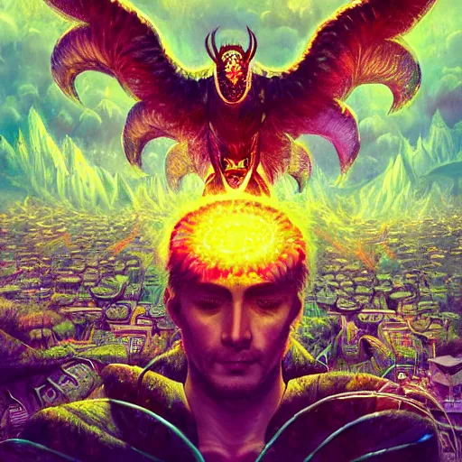 Image similar to 8K headshot Portrait of centered chest up of a psychedelic godlike mothman with giant mandala wings smoking heavily , magic mushroom village in background , post-processing , award winning. superb resolution. in the art style of Tony Takezaki and Greg Rutkowski . Detailed Mushroom city in background. Hyper realistic anime. Perfect art. Dalle2