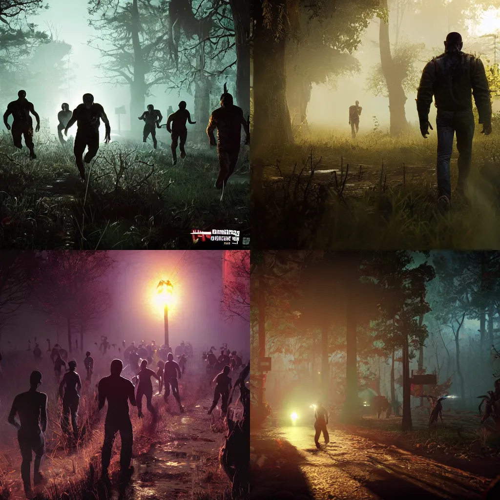 Prompt: comic book front full colour hyperrealistic unreal engine 5 2022 zombies running through dark forest. Dramatic lights. Rtx raytracing.