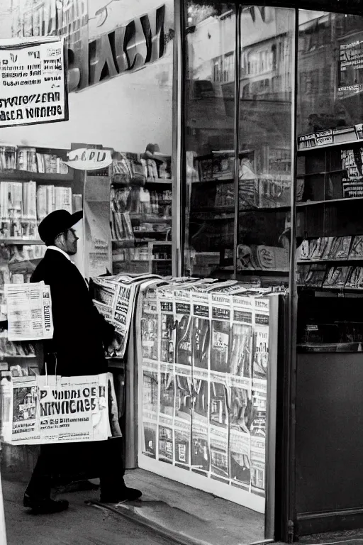 Image similar to a 5 0's detective, buying newspaper at the newsstand