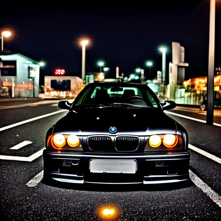 Image similar to close-up-photo BMW E36 middle of street, Saitama prefecture, stars, night, cinematic color, photorealistic, highly detailed,