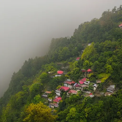 Prompt: village on a steep cliff side, wide angle, fog layer, foliage, far away shot