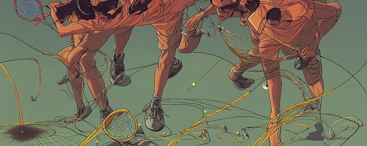 Prompt: inter-dimensional badminton: deadly sport of titans by Moebius