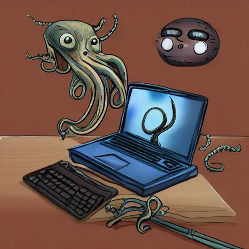 Image similar to Speculative evolution paleoart of laptop computer being used by an octopus in the style of Emily Willoughby
