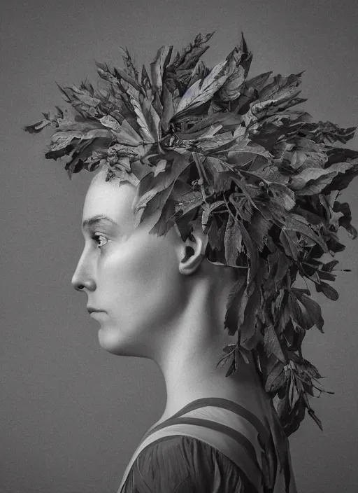 Prompt: a woman's face in profile, made of foliage skeleton, in the style of the Dutch masters and Gregory Crewdson, dark and moody