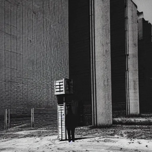 Image similar to black and white security camera image of a black silhouette of a man caught in an abandoned brutalism structure