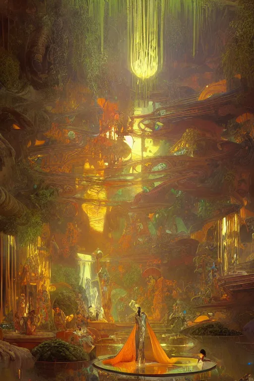 Image similar to Concept Digital Art Highly detailed Alien Art Deco Cybertron lazy river inside of the Vosian Opera with glowing orange water at midnight by greg rutkowski, Ilya repin, alphonse mucha, and Edmund Blair Leighton. Very highly detailed 8K, octane, Digital painting, the golden ratio, rational painting, sharp