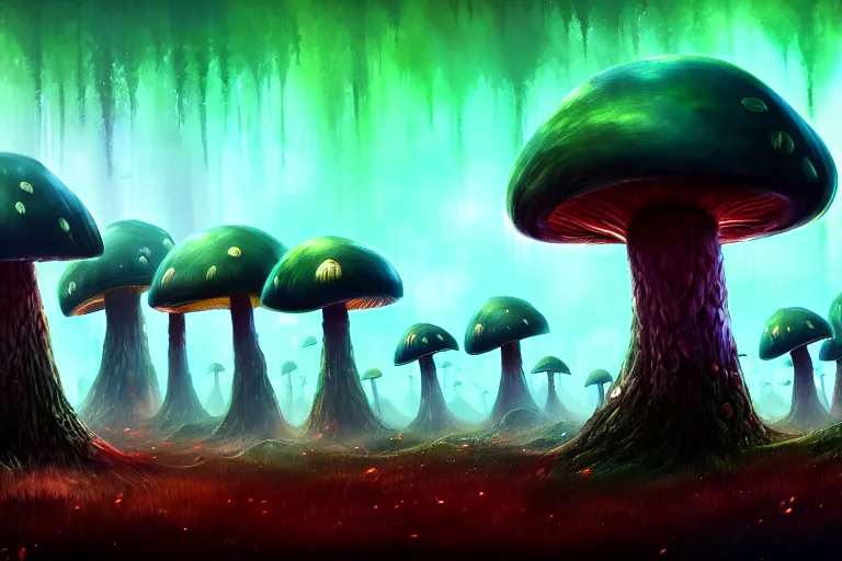 Image similar to a giant mushroom forest in the style of Anato Finnstark concept art, 4K, UHD, High quality, Trending on Artstation HQ