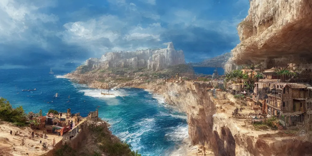 Image similar to looking out a train window, a mediterranean phoenician fishing village, over a chalk cliff, highly detailed, digital painting, artstation, concept art, sharp focus, illustration, art by artgerm and greg rutkowski and raphael lacoste and magali villeneuve