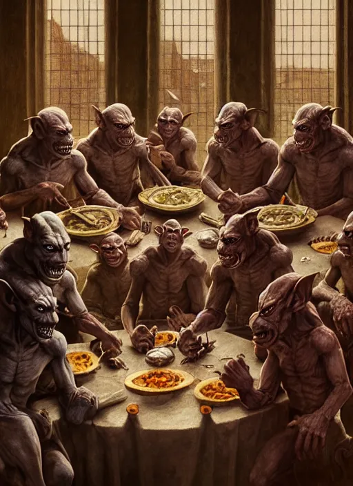 Image similar to profile group face portrait of medieval goblins having a banquet in the cloisters, beautiful face, hyper realistic, highly detailed, digital painting, artstation, illustration, concept art by hyung tae, bosch, giger, frank frazetta, digital paint, matte paint, washed colors, dark, gloomy