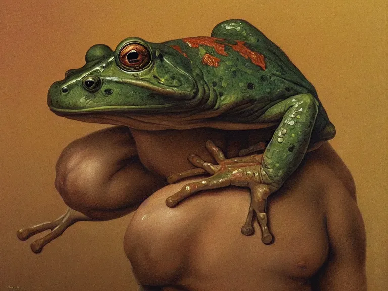 Prompt: a detailed profile portrait painting of zyzz as a frog by beksinski carl spitzweg moebius and tuomas korpi. baroque elements. baroque element. intricate artwork by caravaggio. Oil painting. Trending on artstation. 8k