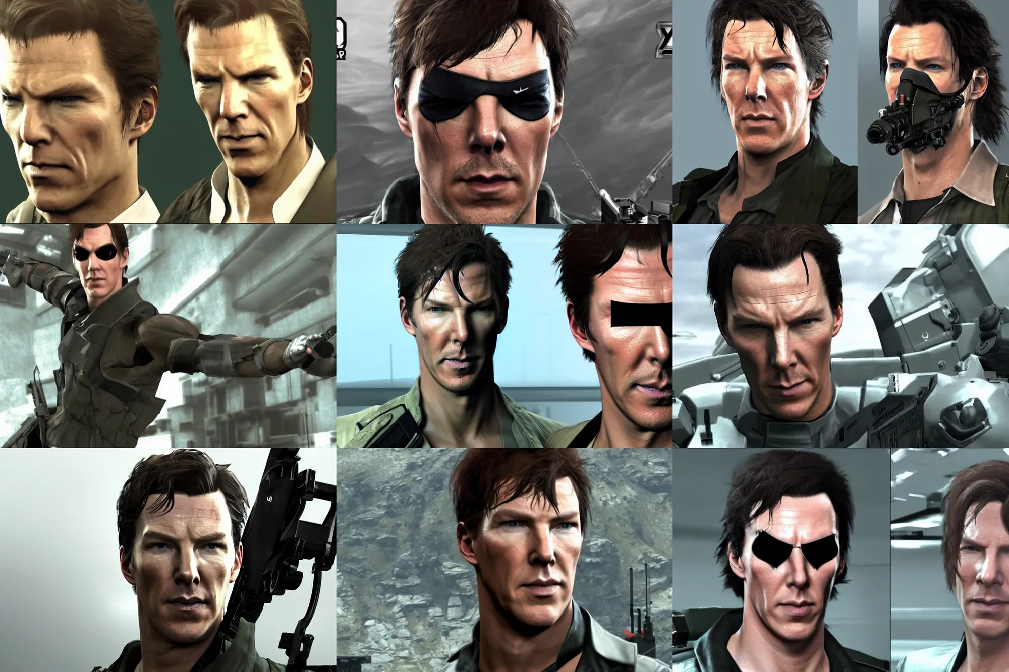 Prompt: a screenshot of benedict cumberbatch wearing an eyepatch in the video game metal gear solid. 3 d rendering. unreal engine. amazing likeness. very detailed. cartoon caricature.