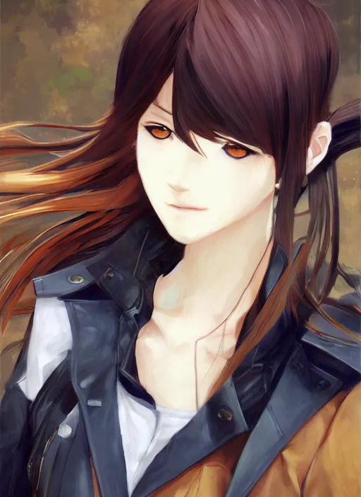 Prompt: portrait painting by shigenori soejima, beautiful girl, fox ears, focus on face, pretty, cinematic lighting, painterly, long wavy orange hair, light brown trenchcoat