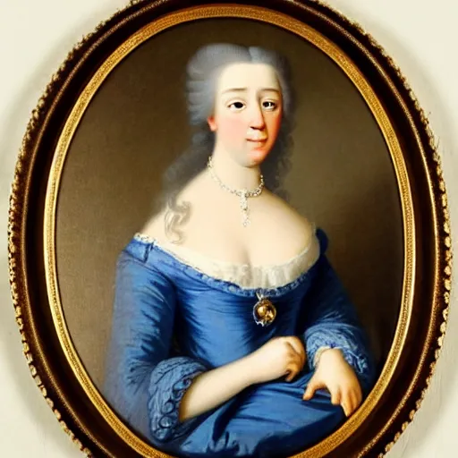 Prompt: 1 7 7 0 s portrait of a beautiful french princess as an archduchess by heinrich fuger, highly detailed, a beautiful long blue gown, beautiful face with gentle features, oil on canvas, circa 1 7 7 3