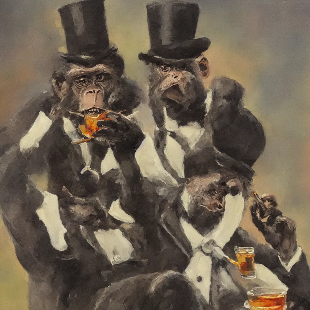 Image similar to a monkey wearing a monocle and a top hat drinking tea, brush strokes, oil painting