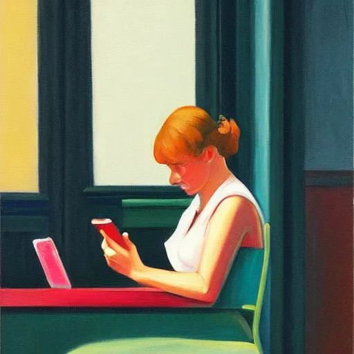 Prompt: a painting of a woman sitting in a bar scrolling on her smartphone in the style of edward hopper