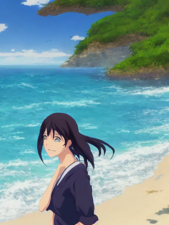 Image similar to Portrait of a happy anime woman on the beach near the ocean, by makoto shinkai