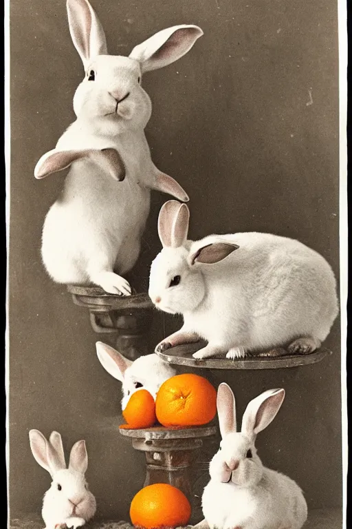 Image similar to fat rabbits with oranges vintage photograph