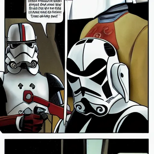 Prompt: clone trooper with his helmet off talking to Obi-Wan Kenobi