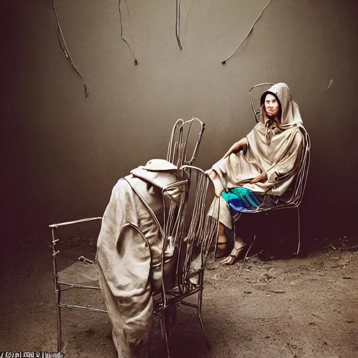 Image similar to closeup portrait of a woman with a hood made of wire and rainbows, sitting in a chair in a derelict house, by Annie Leibovitz and Steve McCurry, natural light, detailed face, CANON Eos C300, ƒ1.8, 35mm, 8K, medium-format print