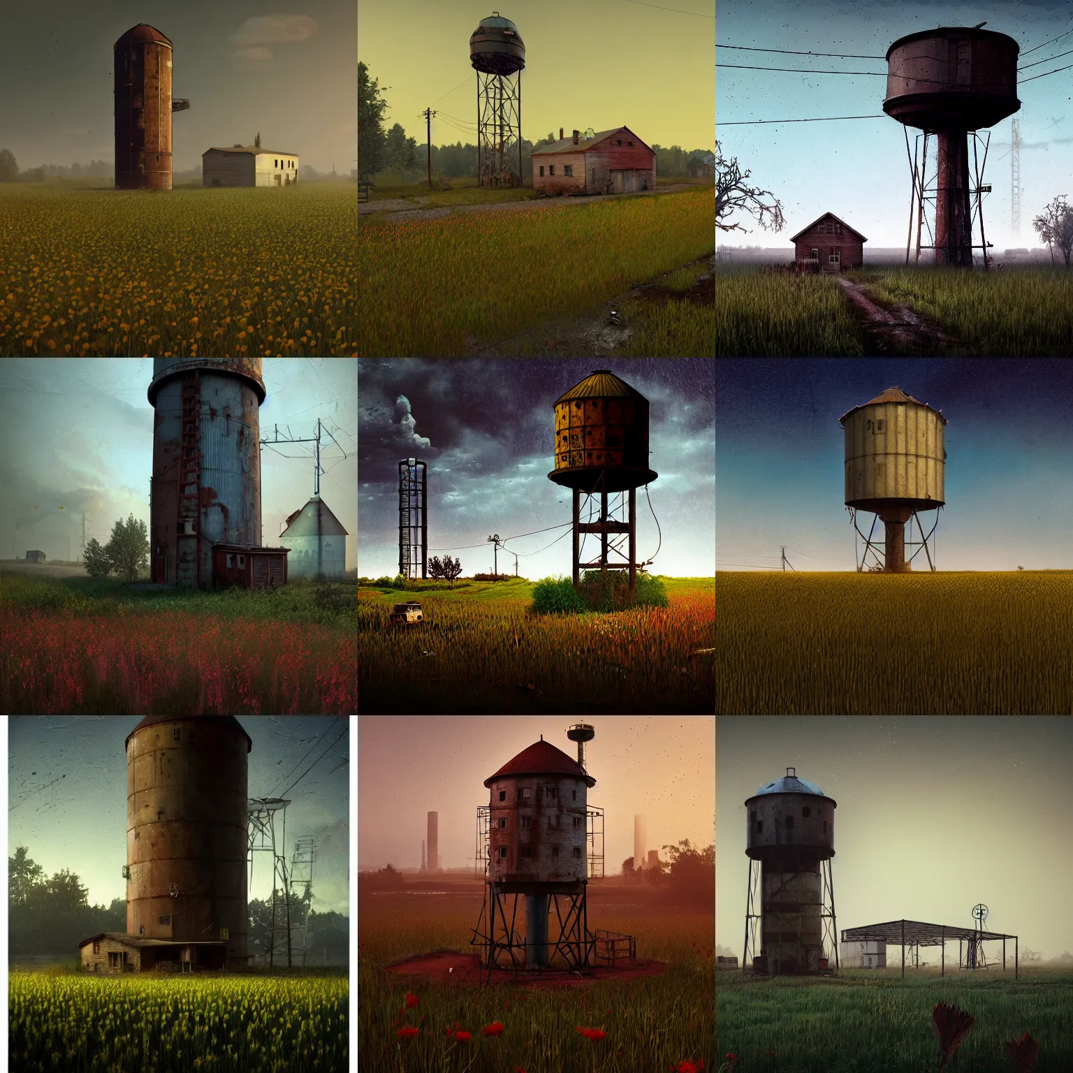 Image similar to rural post - cyberpunk, post - apocalyptic, farmhouse with a rusty water tower in a flower field by scott listfield and gregory crewdson, post - cyberpunk,! at night!, fog, 8 k render, trending on cgsociety, trending on artstation