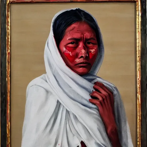 Prompt: a nepali woman wearing a white shawl, sad, bloody, tears, oil painting