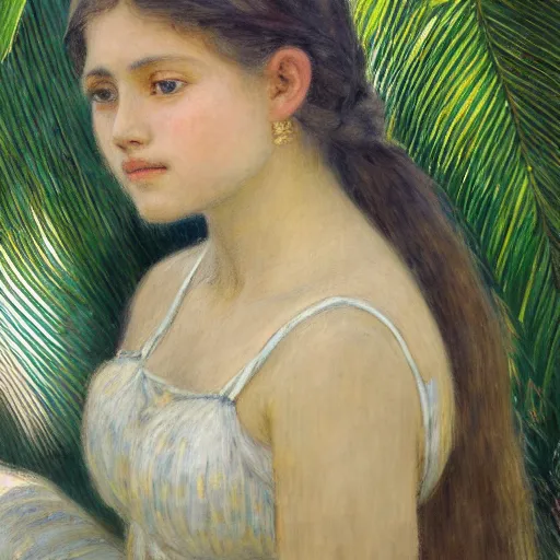 Image similar to a ultradetailed beautiful painting of a girl in the amazonas palace balustrade designed by jules bastien - lepage, tarsila do amaral, frank weston and gustave baumann, beach, trending on artstation, mediterranean, palm trees, hyper detailed face, sharp focus, soft light, 8 k 4 k